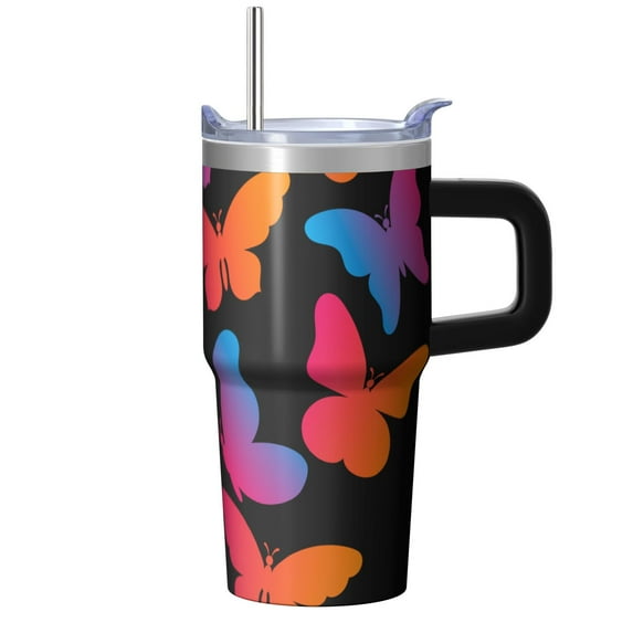 Butterfly 20oz Stainless Steel Tumbler with Handle and Straw – Insulated Travel Cup with Sliding Lid, 360° Full Wrap Printed Mug for Home, Outdoor & Sports Use, Spring