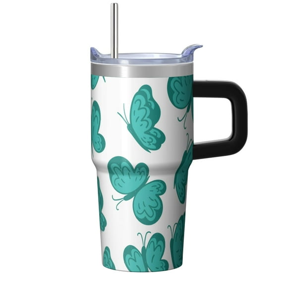 Butterfly 20oz Stainless Steel Tumbler with Handle and Straw – Insulated Travel Cup with Sliding Lid, 360° Full Wrap Printed Mug for Home, Outdoor & Sports Use, Spring