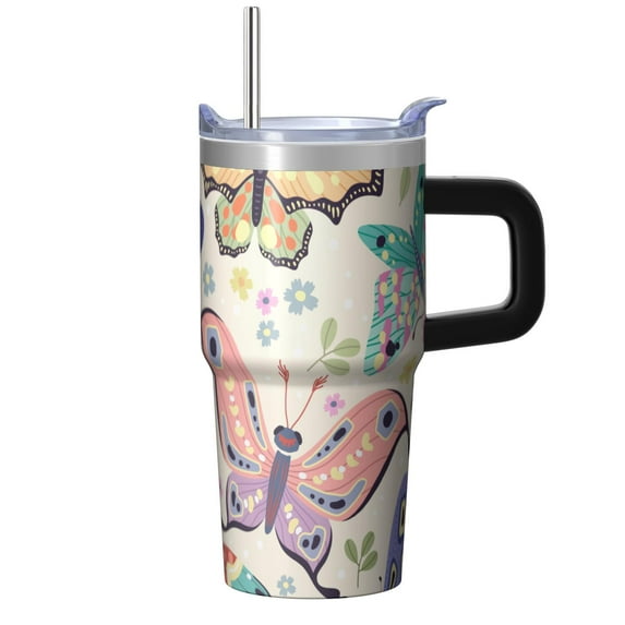 Butterfly 20oz Stainless Steel Tumbler with Handle and Straw – Insulated Travel Cup with Sliding Lid, 360° Full Wrap Printed Mug for Home, Outdoor & Sports Use, Spring