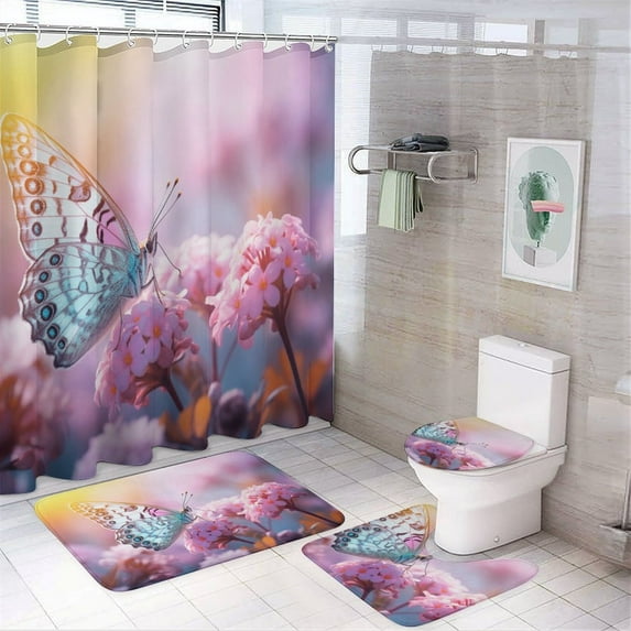 Butterfly (28) Shower Curtain Waterproof Bathroom Curtain Set with Hooks Home Decor Bathroom Curtains 4pcs