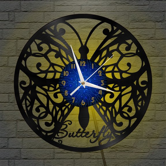 Butterfly 3 12 Inch Vinyl Record Wall Clock - Silent, Creative, and Unique Clock for Living Room, Entryway, or Bedroom Decor - Perfect Gift Idea(12 inchs B with LED)