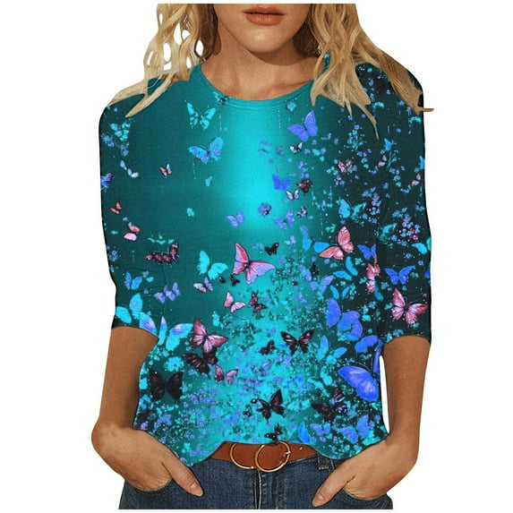 Butterfly 3/4 Sleeve Tops for Women Cute Plus Size Crewneck Tee Shirts Casual Loose Tunic Blouses