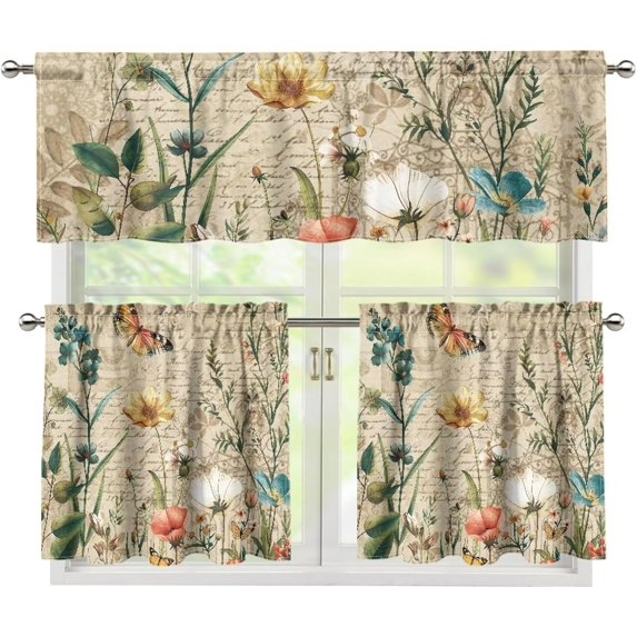 Butterfly 3 Piece Kitchen Curtains and Valances Set Floral Farmhouse Washable Rod Pocket Kitchen Curtain Set 36 Inches, Kitchen Window Curtains Set European Style Curtains for Cafe