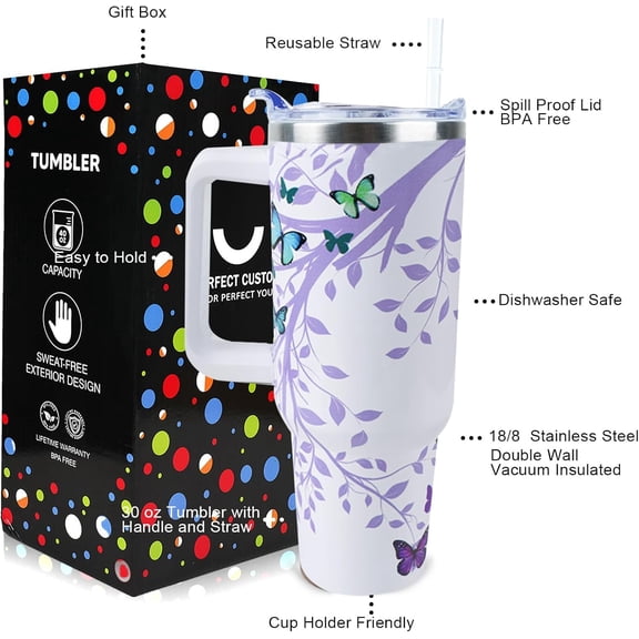 Butterfly 30 oz Tumbler with Handle and Straw Lid, Leak Proof, Insulated for Hot and Cold Drink Ice, Mother''s Day Birthday Gift
