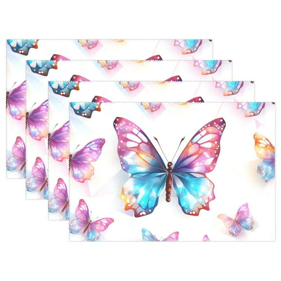 Butterfly 4 PCs Placemats Set Linen Non-Slip Table Mat Rectangular Washable for Dining Kitchen Party 12"x18"