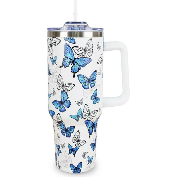 Butterfly 40 Oz Tumbler with Handle and Straw Blue Butterfly Cup Water Bottle Drinking Glasses, Butterfly Gifts for Women Girls Birthday Butterfly Lovers, Butterfly Gift Accessories Stuff
