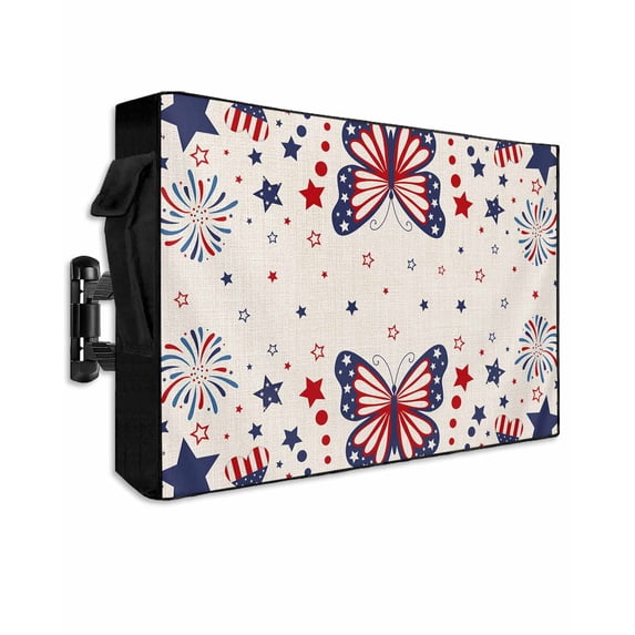 Butterfly 4th of July Outdoor TV Cover 48 to 50 Inch Weatherproof, Independence Day Star Blue Red Rustic 600D Oxford TV Covers with Waterproof Zipper, Outside Flat TV Screen Protector 48"Wx30"Hx4.5"D