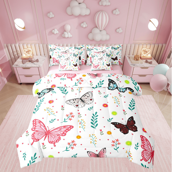 Butterfly 7 Piece Comforter Set Full Bed in a Bag,Watercolor Flowers Bedding Sets Rustic Aesthetic Animal Sheet Set with Comforter Rainbow Butterflies Dreamy Beetles Floral Room Decor