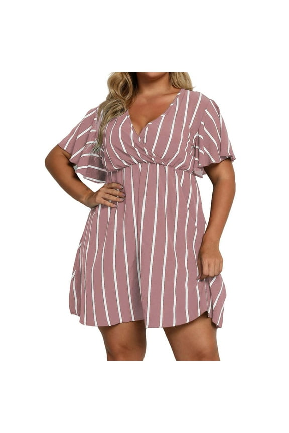 Butterfly Abaya Dress For Women, Casual Plus Size Striped V Neck Short Sleeve Tunic Bohemian Dress Mother Of Bride Dresses Black Satin Womens Dresses Spring Dresses Maxi (3XL, Pink) ZMTing