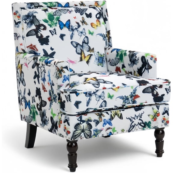 Butterfly Accent Chair, Floral Print Armchair for Living Room Bedroom, Cute Upholstered Reading Chair for Small Space, Cotton Fabric with Solid Rubberwood Legs
