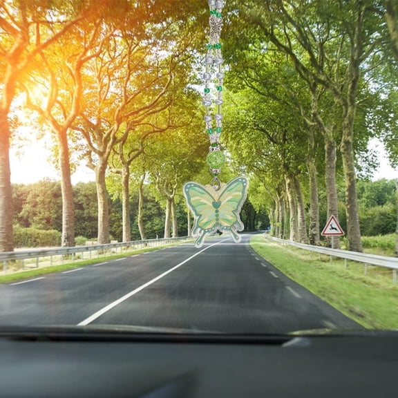 Butterfly Acrylic Car Hanging Accessories Bling Glass Beads Rear View Mirror Ornaments Green Swing Charm Lanyards Beaded Decor Car Interior Pendent for Home Window Door Balcony Green