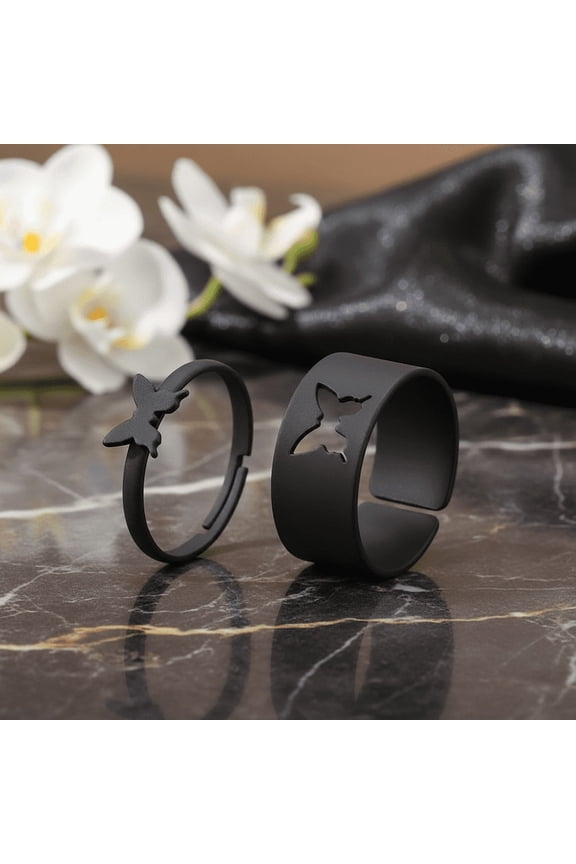 Butterfly Adjustable Couple Rings Pack of 2 Black Matte Stainless Steel Open Band Matching Rings Minimalist Promise Friendship Fashion Jewelry Elegant Butterfly Ring Set