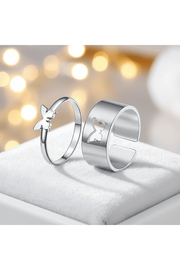 Butterfly Adjustable Couple Rings Pack of 2 Silver Tone Open Band Matching Rings Minimalist Korean Style Promise Friendship Fashion Jewelry for Women Men Elegant Gift Accessory