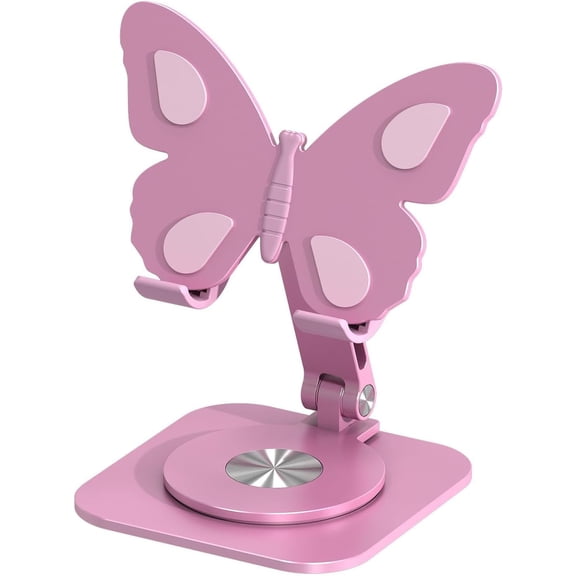 Butterfly Adjustable Phone Stand for Desk, 360° Rotating Cell Phone Holder with Foldable Design, Height & Angle Adjustable Aluminum Stand Compatible with iPhone, Samsung, Kindle and Pad (Pink)