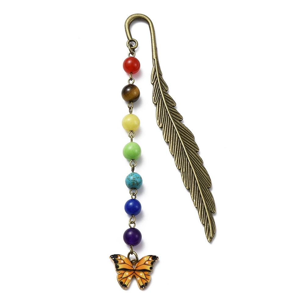 Butterfly Alloy Enamel Pendant Bookmark with Chakra Gemstone Bead Alloy Feather Bookmarks Gold 140x14.5x3.5mm
