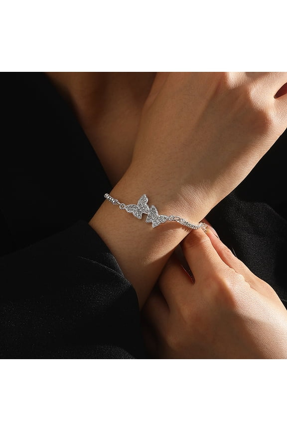 Butterfly Alloy Link Bracelets Rhinestone Cup Chains Bracelets for Women Platinum 6-3/4 inch(17cm)