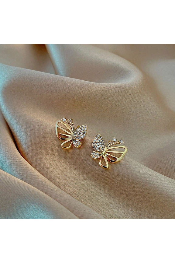Butterfly Alloy Rhinestone Stud Earrings Golden 16x15mm DIY