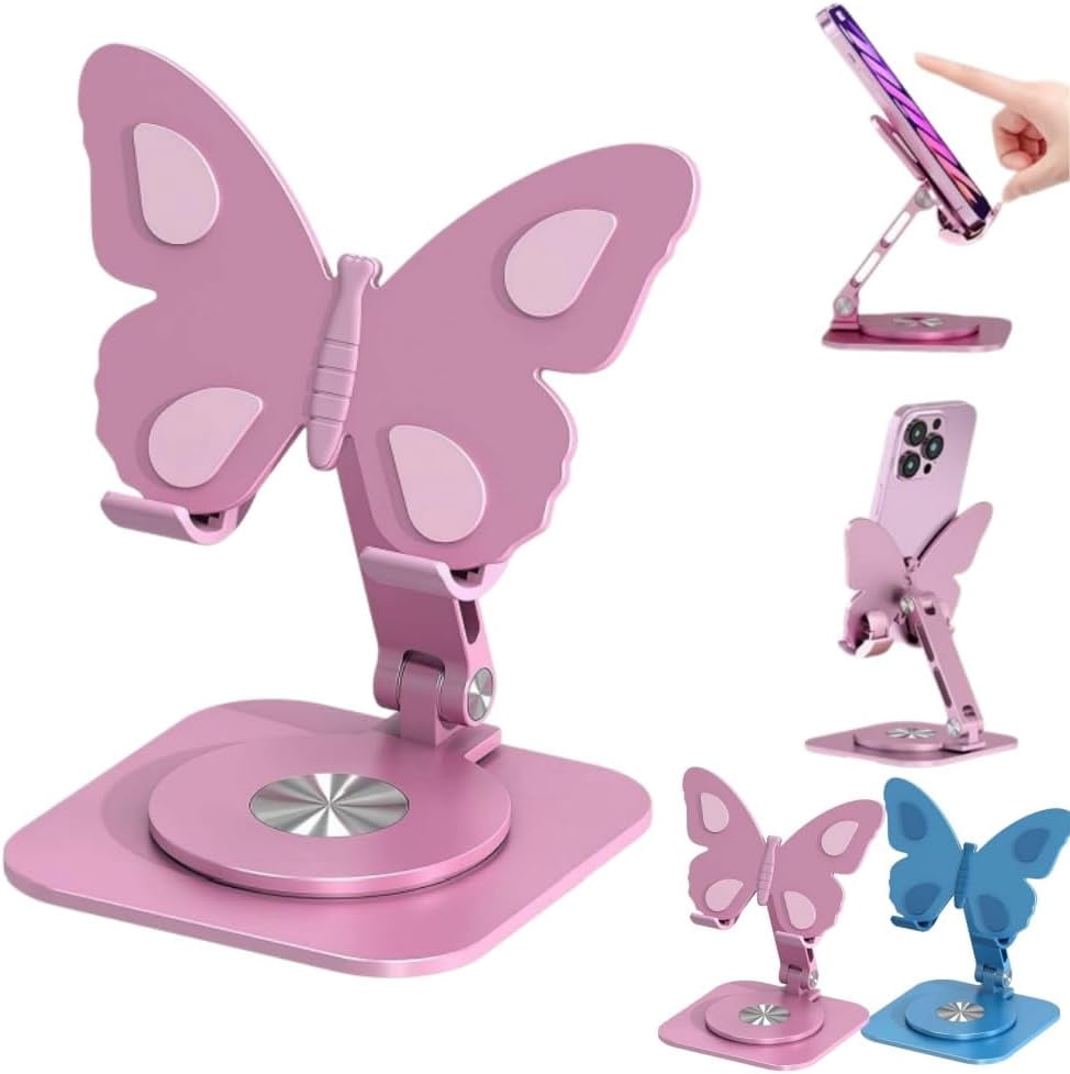 Butterfly Aluminum Alloy Cell Phone Stand, 360° Rotating Adjustable Desktop Cradle, Foldable Tablet Holder for Office Desk, Home and Travel (k)