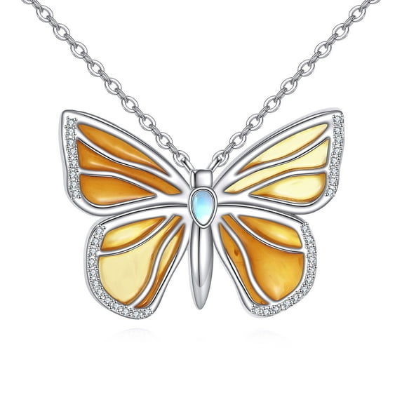 Butterfly Amber 925 Sterling Silver Necklace Butterfly Pendant Jewelry for Women Christmas Birthday