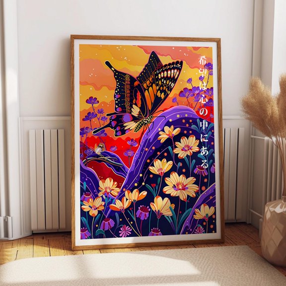 Butterfly And Floral Sunset Art Poster - Japanese Botanical Nature-Inspired Artwork For Home & Office Wall Art, Modern Wall Decor, 8x12 UNFRAMED