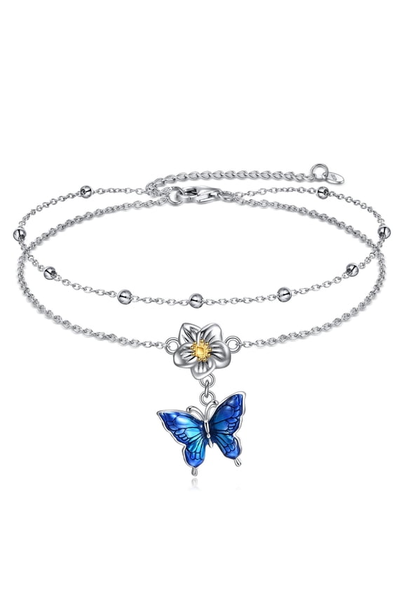 Butterfly Anklet Gifts for Women Sterling Silver Layered Chain Butterfly Ankle Bracelets Double Link Chain Anklets Jewelry Gifts