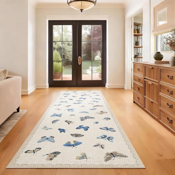 Butterfly Area Rug 2x6, No Slip Washable Rug, Modern Bedroom Rug Under Bed Ultra Carpet, Low-Profile Rugs for Living Room Bedroom Dining Room, Khaki