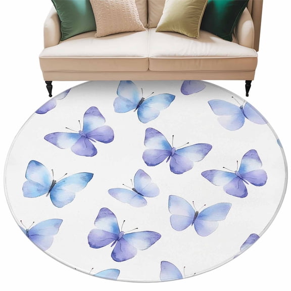 Butterfly Area Rug, Blue Purple Gradient Washable Large Circle Carpet, Non Slip Round Rug for Living Room/Bedroom/Dining Room/Home Office/Dorm