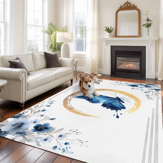 Butterfly Area Rugs 5x7 ft Watercolor Blue Grey Butterfly Floral Leaf Washable Rug Non Slip Indoor Carpet Absorbent Floor Mat for Living Room Bedroom Dining Room