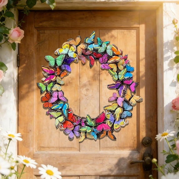 Butterfly Artificial Flower Wreath, 15.7 Inch Easter Spring Floral Ring, Faux Wall Hanging Decor for Hotel Restaurant Door Window Displays