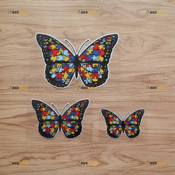 Butterfly Autism Awareness Puzzle Piece Autistic Sticker Decal Vinyl - 3 Pack Reflective, 3 Inches, 4 Inches, 6 Inches - for Car Boat Laptop Cup