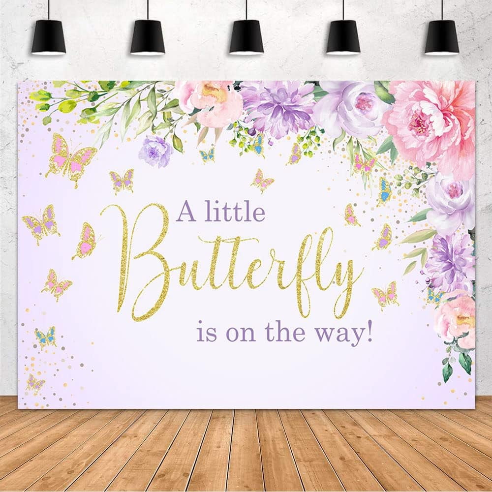 Babyshower Backdrop Mocsicka Baby In Bloom Backdrop Butterfly Pink Wildflower Girls Baby Shower Party Decorations Watercolor Floral Wildflower Baby Shower Photography Background (Pink, 10x8ft(120''x96 Baby In Bloom Sign