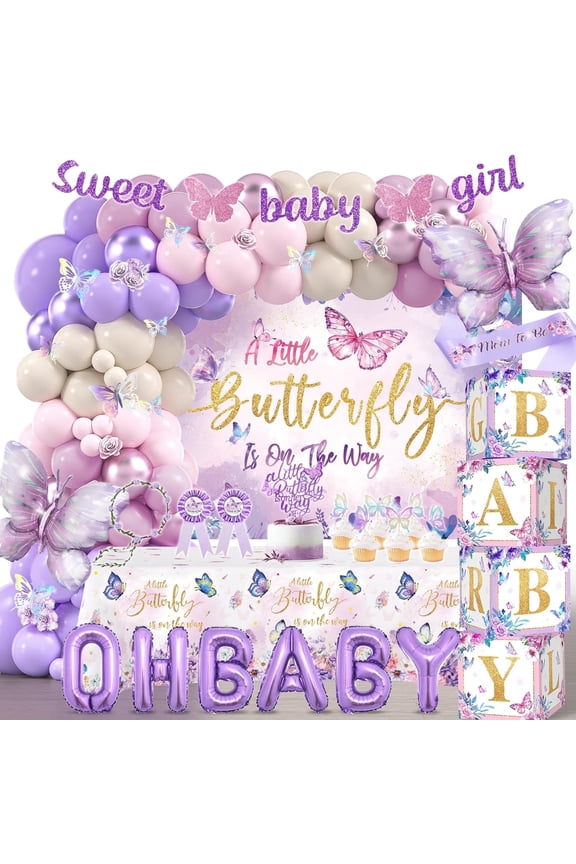 Butterfly Baby Shower Decorations for Girls, A Little Butterfly Is On The Way Party Backdrop Cake Toppers Stickers Pink Purple Balloons Boxes