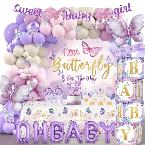Butterfly Baby Shower Decorations for Girls, Pink and Purple Balloon Arch Kit, Baby Boxes a Little Butterfly Is on the Way Backdrop Tablecloth Cake Toppers Stickers