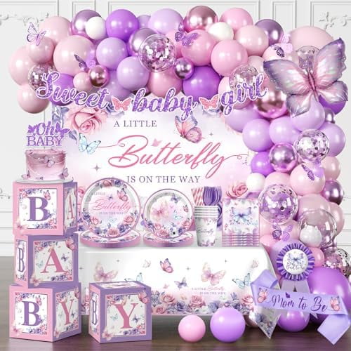 Butterfly Baby Shower Decorations Balloons Plates and Cups and Napkins Sets Purple Pink Sweet Baby Girl Baby Shower Themes A Little Butterfly is on Her Way Decorations for Girl