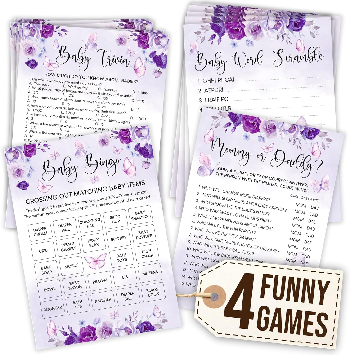 Butterfly Baby Shower Games for Girls - 4 Funny Baby Games for Babies Shower Girl, Bingo Cards, Word Scramble Mommy Or Daddy Game, Purple Butterfly Decorations