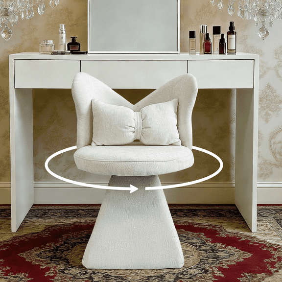 Butterfly Back Vanity Stool with Bow Pillow, 360° Swivel Shiny Chenille Makeup Chair for Dressing Table & Home Office (Creamy White)