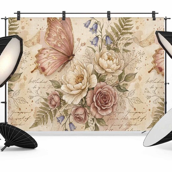 Butterfly Backdrops for Photography, Roses Lavender Ferns French Countryside Fabric Photo Background Sturdy Studio Props for Photo Studio, Video Recording, Booth & Photoshoot 10x8ft