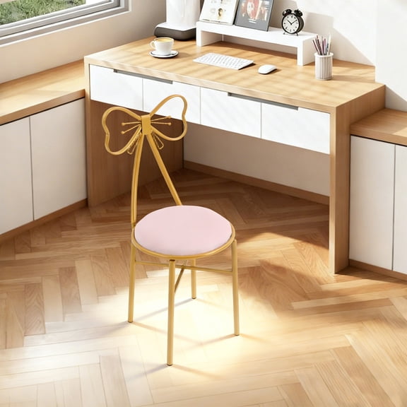 Butterfly Backrest Chair Light Pink Vanity Makeup Chair with Gold Frame, 220 lbs Load Capacity, Soft Flannelette Cushion, Accent Dressing Seat for Bedroom Living Room