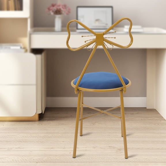 Velvet Butterfly Backrest Chair, Gold Metal Frame Vanity Stool, Accent Chair for Bedroom Living Room, 220 lb Capacity, Blue