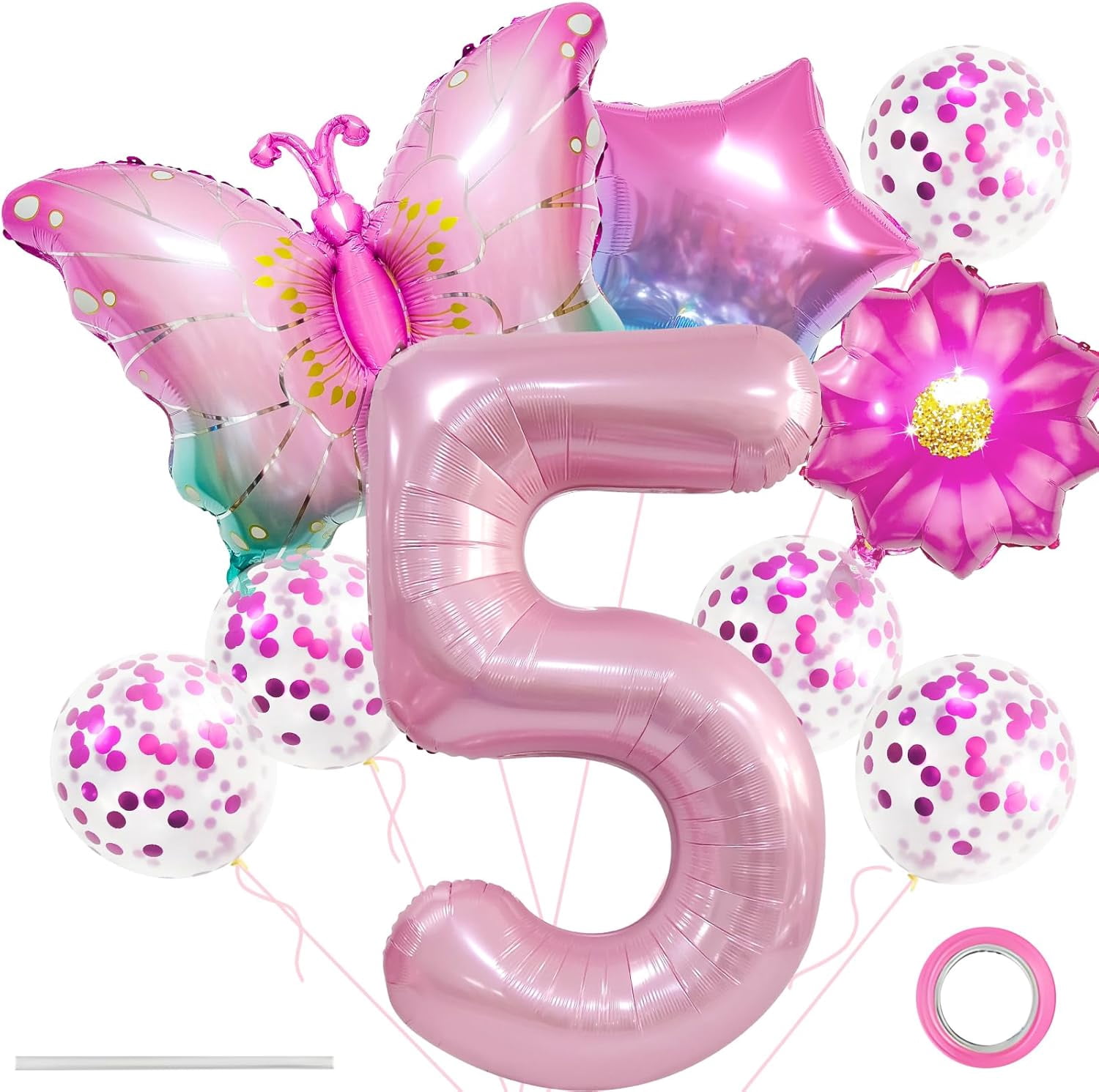 Butterfly Balloons 5th Birthday Decorations - Giant #5 & Foil Balloons, Pink Gradient, For Girls
