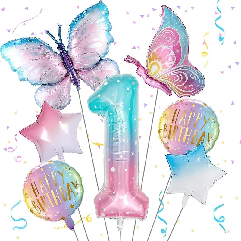 Butterfly Balloons 5th Birthday Decorations - Giant #5 & Foil Balloons, Pink Gradient, For Girls