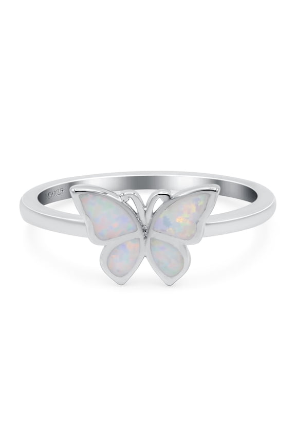 Butterfly Band Ring Lab Created White Opal 925 Sterling Silver Size 4