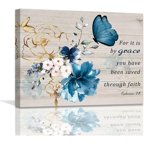Butterfly Bathroom Decor Bible Verse Inspirational Wall Art Canvas Christian Home Decorations Blue Flower Prints Wall Pictures Artwork for Home Walls Grace Canvas Art Room Decor Framed 12x16inch