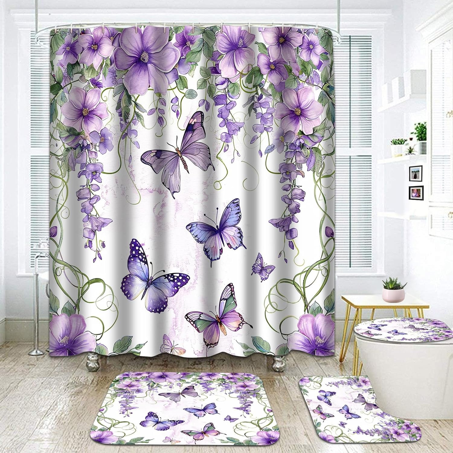 Butterfly Bathroom Set- Floral 4PCS Shower Curtain Sets Accessories ...