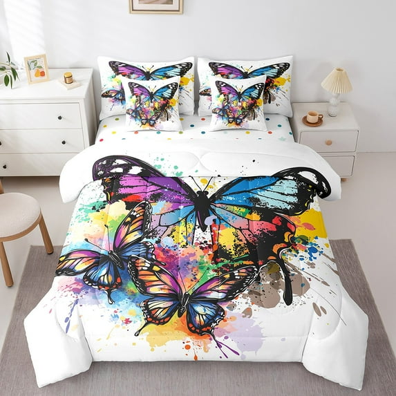 Butterfly Bed in a Bag King Size Comforter Set 7 Pieces,Rainbow Butterflies Bedding Sets Rustic Aesthetic Animal Sheet Set with Comforter,Watercolor Beetles Bed Set