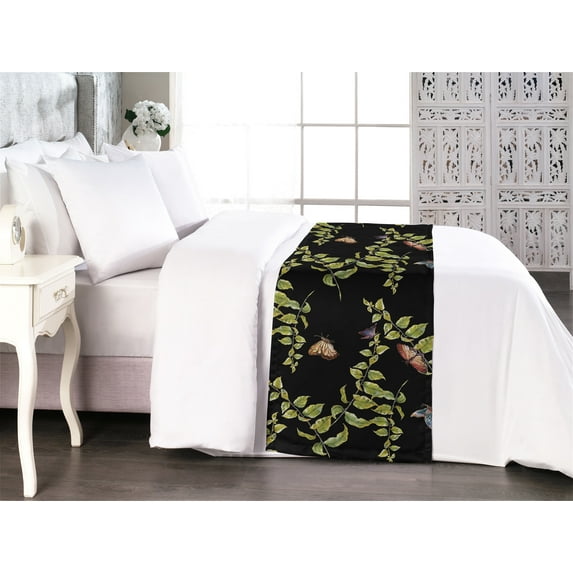 Butterfly Bed Runner, Nature of Spring Season Themed Leaves on Branches with Exotic Moths, Decorative Accent Bedding Scarf for Hotels Homes & Guest Rooms, Queen, Black and Apple Green, by Ambesonne