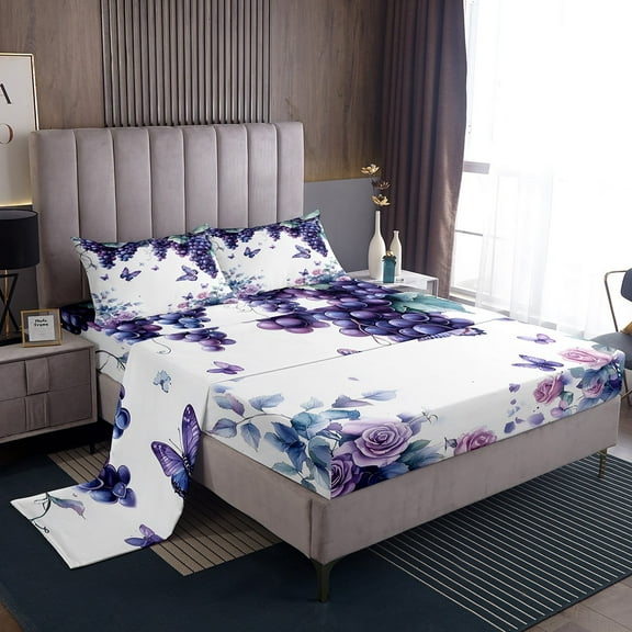 Butterfly Bed Sheets Set King Size,Tropical Grape Botanical Sheet Set with Deep Pocket,Ombre Flower Floral Blossom Bed Set Soft Cozy,Dreamy Garden Purple Sheets Fitted Sheet 2 Pillowcases