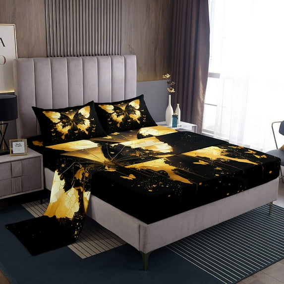 Butterfly Bed Sheets Twin Size Golden Butterfly Print Sheets Rustic Farmhouse Sheet Set Golden Marble Decor Fitted Sheet Aninal Butterfly Flat Sheet