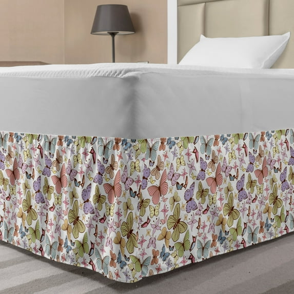 Butterfly Bed Skirt, Different Types of Butterflies in Doodle Style Colorful Spring Thrill Print, Elastic Bedskirt Dust Ruffle Wrap Around for Bedding Decor, 4 Sizes, Multicolor, by Ambesonne