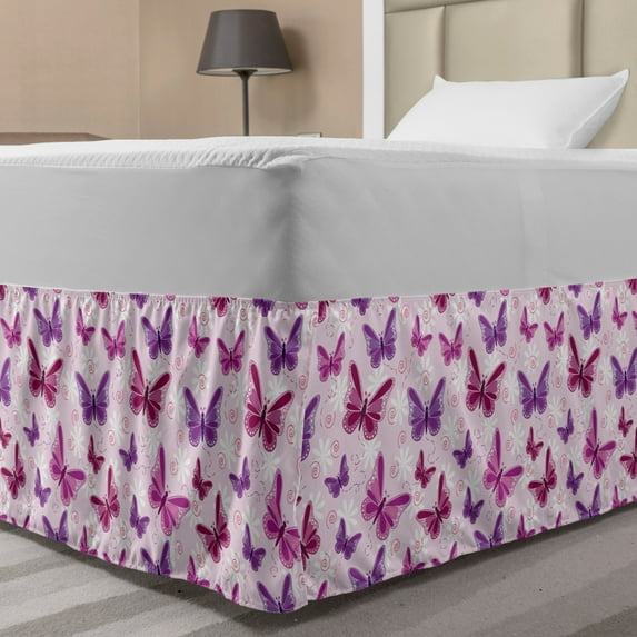 Butterfly Bed Skirt, Various Flying Butterflies Fairy Colors Hippie Style Print Design, Elastic Bedskirt Dust Ruffle Wrap Around for Bedding Decor, 4 Sizes, Pink Purple, by Ambesonne